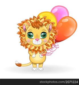 Cute cartoon lion with big eyes in a children&rsquo;s bright style with balloons, greeting card. Cartoon lion with expressive eyes. Wild animals, character, childish cute style.