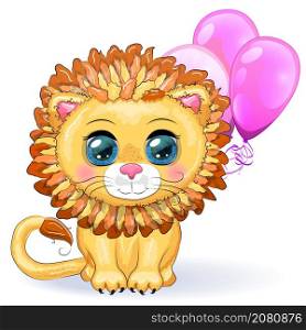 Cute cartoon lion with big eyes in a children&rsquo;s bright style with balloons, greeting card. Cartoon lion with expressive eyes. Wild animals, character, childish cute style.