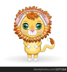 Cute cartoon Lion with headphones, listens to music, note, treble clef.. Cute cartoon Lion with headphones, listens to music, note, treble clef