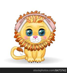 Cute cartoon Lion with headphones, listens to music, note, treble clef. Cute cartoon Lion with headphones and hearts on a blue background