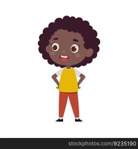 Cute cartoon little african girl. Little schoolgirl character. Vector illustration.