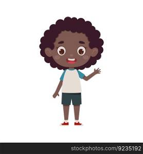 Cute cartoon little african girl waving her hand. Little schoolgirl character. Vector illustration.