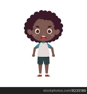 Cute cartoon little angry african girl. Little schoolgirl character. Vector illustration.
