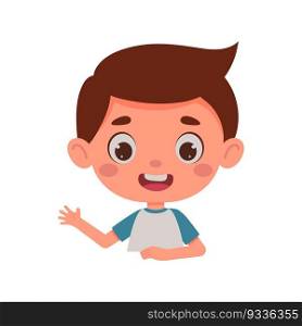 Cute cartoon little boy waving his hand. Little schoolboy character. Template for children design. Vector illustration.