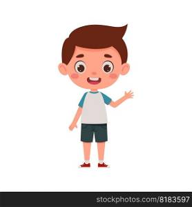 Cute cartoon little boy waving his hand. Little schoolboy character. Vector illustration.