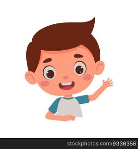 Cute cartoon little boy waving his hand. Template for children design. Little schoolboy character. Vector illustration.