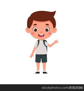 Cute cartoon little boy with the backpack waving his hand hello. Little schoolboy character. Vector illustration.