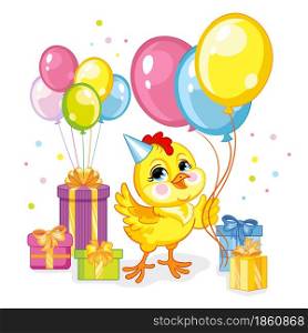 Cute cartoon little chicken with balloons and present boxes. Vector isolated illustration. For postcard, posters, nursery design, greeting card, stickers, room decor, party, nursery t-shirt, apparel. Vector illustration cartoon chicken with present and balloons