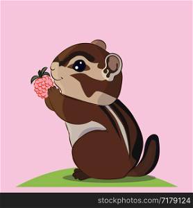 Cute cartoon little Chipmunk keeps berries blackberries in the legs, vector illustration character