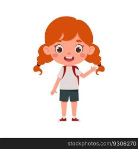 Cute cartoon little girl with red hair and backpack waving her hand hello. Little schoolgirl character. Vector illustration.