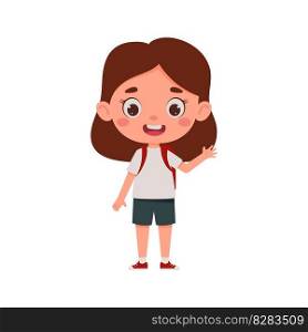 Cute cartoon little girl with the backpack waving her hand hello. Little schoolgirl character. Vector illustration.