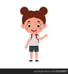 Cute cartoon little girl with the backpack waving her hand hello. Little schoolgirl character. Vector illustration.