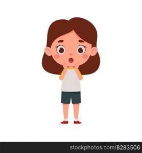 Cute cartoon little scary girl. Little schoolgirl character show facial expression. Vector illustration.