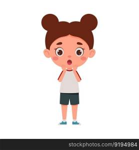 Cute cartoon little scary girl. Little schoolgirl character show facial expression. Vector illustration.