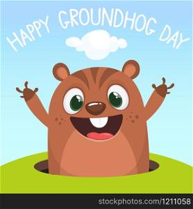 Cute cartoon marmot looking from hole in ground. Groundhog Day isolated vector illustration.