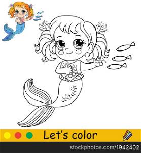 Cute cartoon mermaid feeds fishes. Coloring page and colorful template for preschool and school kids education. Vector illustration. For design, t shirt print, icon, logo, label, patch or sticker.. Cartoon cute and funny mermaid feeds fishes coloring