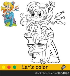 Cute cartoon mermaid feeds fishes. Coloring page and colorful template for preschool and school kids education. Vector illustration. For design, t shirt print, icon, logo, label, patch or sticker.. Cartoon cute mermaid feeds fishes coloring vector