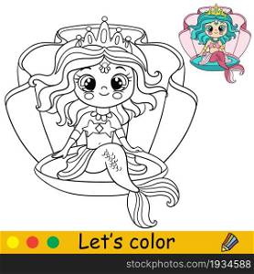 Cute cartoon mermaid sitting in the seashell. Coloring page and colorful template for preschool and school kids education. Vector illustration. For design, t shirt print, icon, patch or sticker.. Cartoon cute mermaid sitting in the seashell coloring