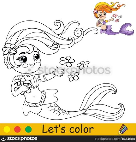Cute cartoon mermaid swimming with flowers. Coloring page and colorful template for preschool and school kids education. Vector illustration. For design, t shirt print, icon,label, patch or sticker.. Cartoon cute mermaid with flowers swimming coloring
