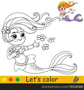 Cute cartoon mermaid swimming with flowers. Coloring page and colorful template for preschool and school kids education. Vector illustration. For design, t shirt print, icon,label, patch or sticker.. Cartoon cute mermaid with flowers swimming coloring