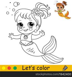 Cute cartoon mermaid with bubbles. Coloring page and colorful template for preschool and school kids education. Vector illustration. For design, t shirt print, icon, logo, label, patch or sticker.. Cartoon cute and funny mermaid with bubbles coloring