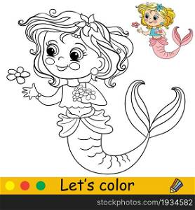 Cute cartoon mermaid with flowers. Coloring page and colorful template for preschool and school kids education. Vector illustration. For design, t shirt print, icon, logo, label, patch or sticker.. Cartoon cute and funny mermaid with flowers coloring