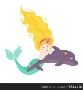 Cute cartoon mermaid with yellowhair. Vector illustration.. Cute cartoon mermaid with yellowhair.