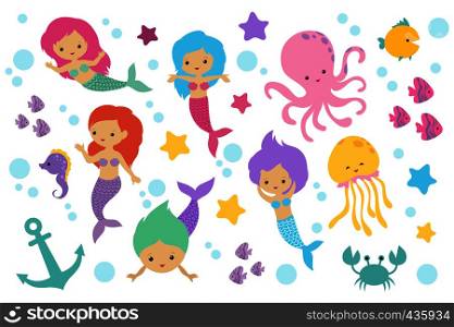 Cute cartoon mermaids, sea animals and ocean life objects vector set. Mermaid and fish, underwater starfish and seahorse illustration. Cute cartoon mermaids, sea animals and ocean life objects vector set