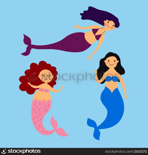 Cute cartoon mermaids set. Stickers, clip art for girls in kawaii style. For invitations, scrapbook, blogging, mobile games, phone cases, t shirt prints. Cute cartoon mermaids. Stickers, clip art for girls in kawaii style. For invitations, scrapbook, blogging, mobile games