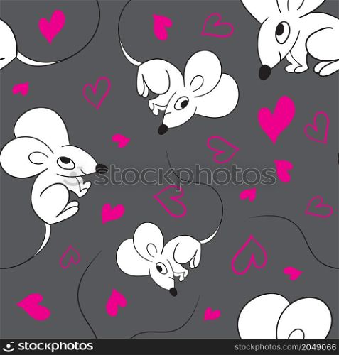 Cute cartoon mice and pink heart on grey background. Seamless pattern. Vector illustration.