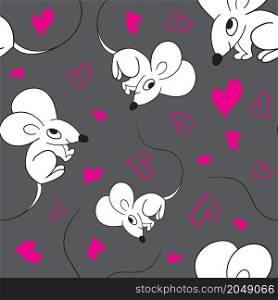 Cute cartoon mice and pink heart on grey background. Seamless pattern. Vector illustration.