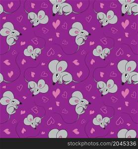 Cute cartoon mice and pink heart on violet background. Seamless pattern. Vector illustration.