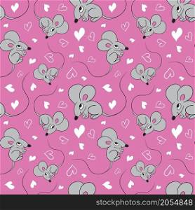 Cute cartoon mice and white heart on pink background. Seamless pattern. Vector illustration.