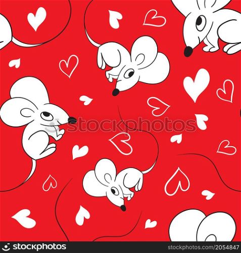 Cute cartoon mice and white heart on red background. Seamless pattern. Vector illustration.