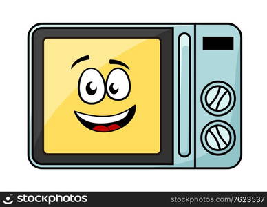 Cute cartoon microwave oven with a cheerful yellow smiling face behind the glass door, vector illustration isolated on white