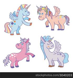 Cute cartoon miracle unicorns vector set. Cute cartoon miracle unicorns vector set. Happy horse with horn illustration