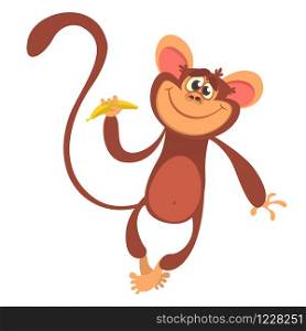 Cute cartoon monkey character icon. Wild animal collection. Chimpanzee mascot waving hand and presenting. Isolated on white background. Flat design. Vector illustration