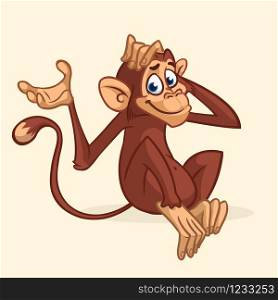 Cute cartoon monkey sitting. Vector illustration of chimpanzee scratching his head.