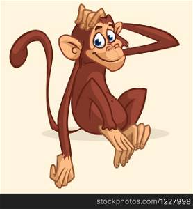 Cute cartoon monkey sitting. Vector illustration of chimpanzee stretching his head. Children book illustration or sticker