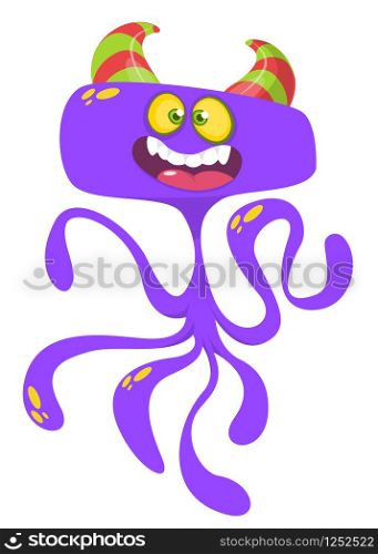 Cute cartoon monster alien or octopus. Vector illustration of purple flying monster for Halloween. Funny cartoon monster character