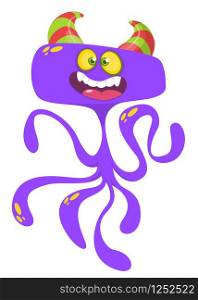 Cute cartoon monster alien or octopus. Vector illustration of purple flying monster for Halloween. Funny cartoon monster character