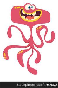 Cute cartoon monster alien or octopus. Vector illustration of red monster. Design for children book, sticker, print or party decoration. Funny cartoon monster character