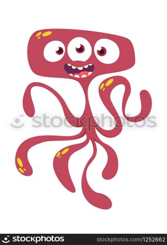 Cute cartoon monster alien or octopus. Vector illustration of red monster. Funny cartoon monster character