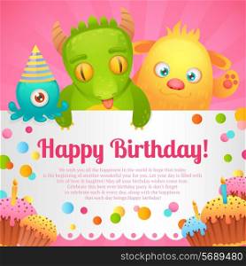 Cute cartoon monster party funny alien character happy birthday card design vector illustration