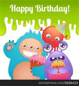 Cute cartoon monster party funny alien characters with cakes happy birthday card template vector illustration