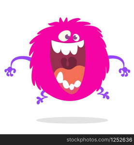 Cute cartoon monster screaming or laughing with big mouth. Vector illustration of pink round monster character for Halloween. Funny cartoon monster character