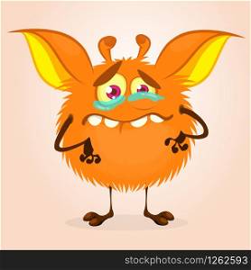 Cute cartoon monster. Vector furry orange monster character on tiny legs and big ears. Halloween design