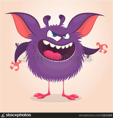 Cute cartoon monster. Vector furry violet monster character with tiny legs and big ears. Halloween design