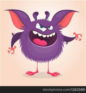 Cute cartoon monster. Vector furry violet monster character with tiny legs and big ears. Halloween design