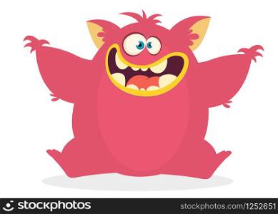 Cute cartoon monster waving hands. Vector illustration of pink fat monster. Halloween design. Funny cartoon monster character
